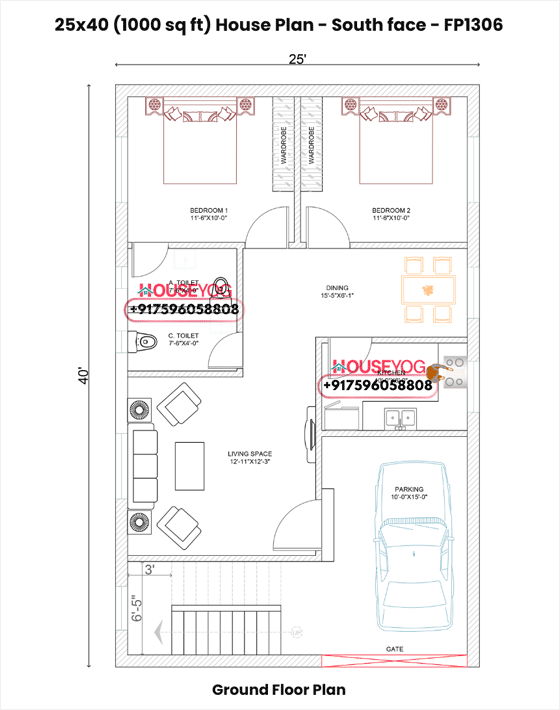 25x40 South Facing 2 BHK House Plan with Parking | 1000 Sq Ft Single Floor Design