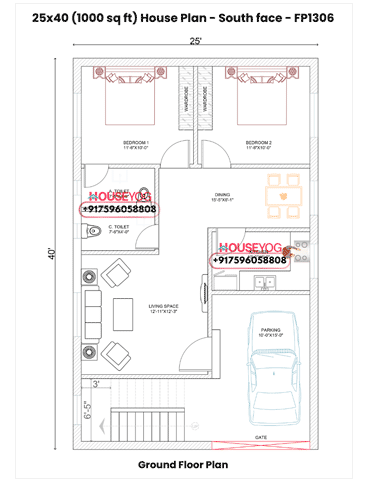 25x40 South Facing 2 BHK House Plan with Parking | 1000 Sq Ft Single Floor Design