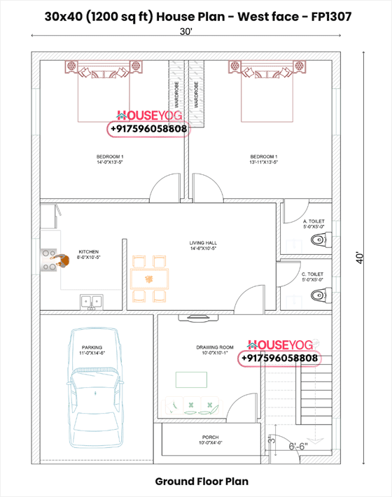 30x40 West Facing 2 BHK House Plan with Drawing Room & Parking | 1200 Sq Ft Design