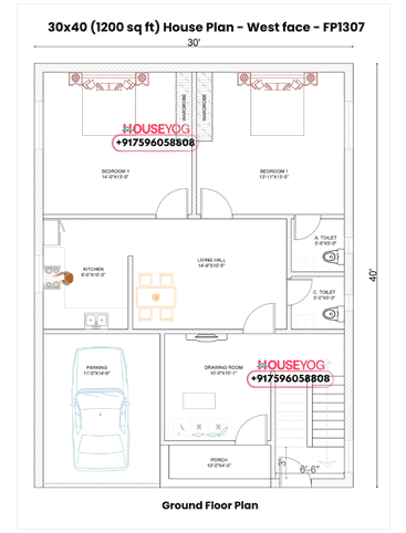 30x40 West Facing 2 BHK House Plan with Drawing Room & Parking | 1200 Sq Ft Design