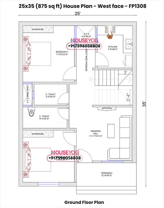 West Facing - 2 BHK Layout on 875 Sq Ft with Verandah & Dining