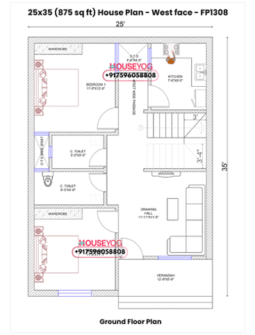 West Facing - 2 BHK Layout on 875 Sq Ft with Verandah & Dining