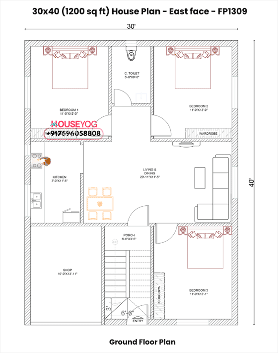 30x40 House Plan East Facing – 3 BHK Design with Shop, Porch & Front Stairs (1200 Sq Ft)
