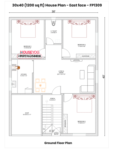 30x40 House Plan East Facing – 3 BHK Design with Shop, Porch & Front Stairs (1200 Sq Ft)