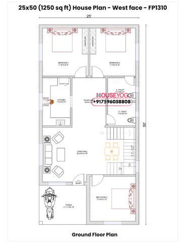 25x50 House Plan West Facing – Spacious 3 BHK Design with Porch & Internal Stairs (1250 Sq Ft)