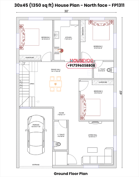 30x45 House Plan North Facing - 3 BHK Layout on 1350 Sq Ft Plot with Parking, Living Hall & Dining Area