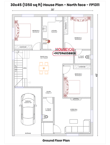30x45 House Plan North Facing - 3 BHK Layout on 1350 Sq Ft Plot with Parking, Living Hall & Dining Area