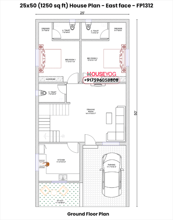 25x50 East Facing House Plan – Spacious 2 BHK Design with Parking, Garden & 3 Bathrooms (1250 Sq Ft)