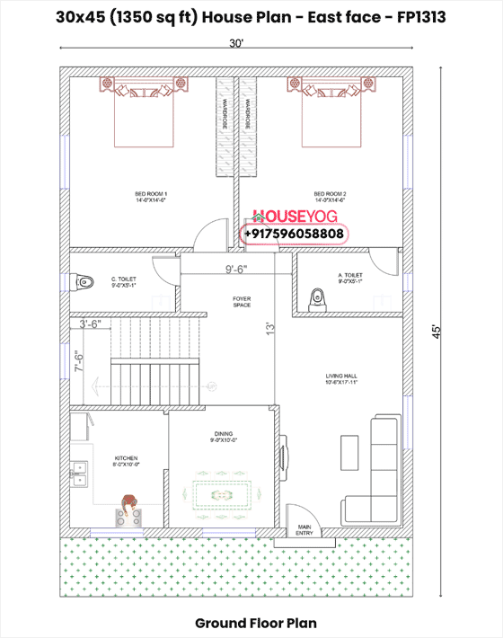 30x45 East Facing 2 BHK House Plan with Foyer, Dining Room & Front Lawn (1350 Sq Ft)