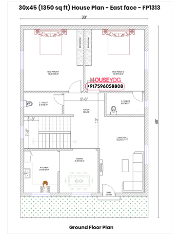 30x45 Single Floor 2 BHK East Facing Indian House Plan
