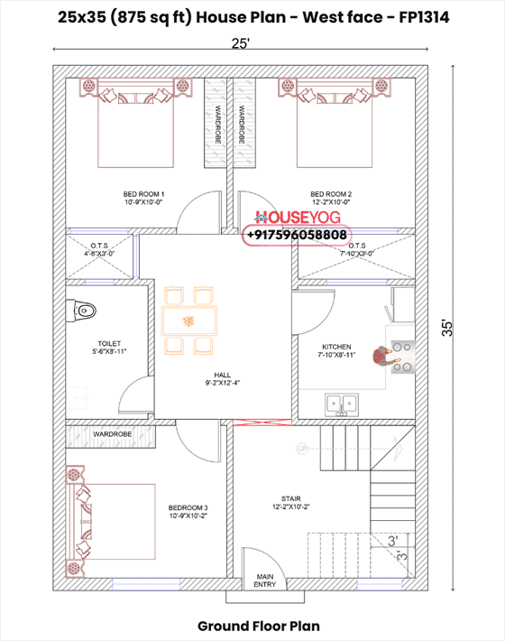 25x35 West Facing 3 BHK House Plan on 875 Sq Ft with Spacious Living & Dining