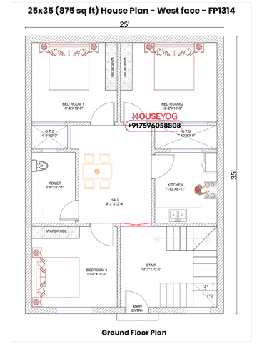 25x35 West Facing 3 BHK House Plan on 875 Sq Ft with Spacious Living & Dining