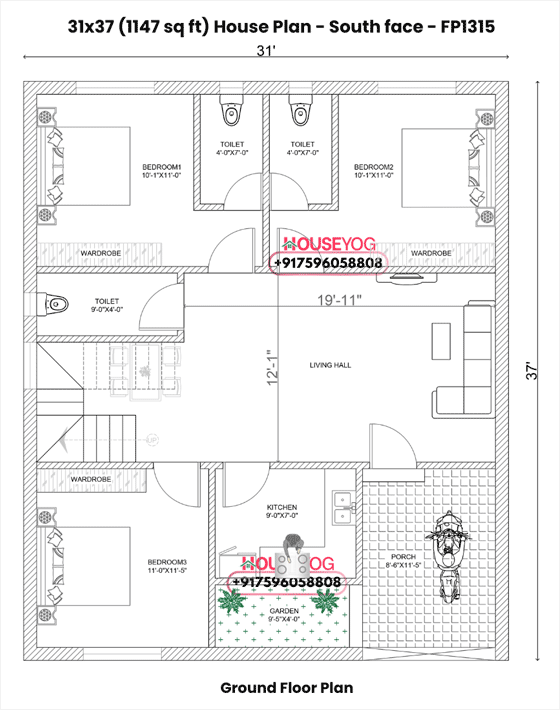 31x37 South Facing 3 BHK House Plan with Parking & Kitchen Garden (1147 Sq Ft)