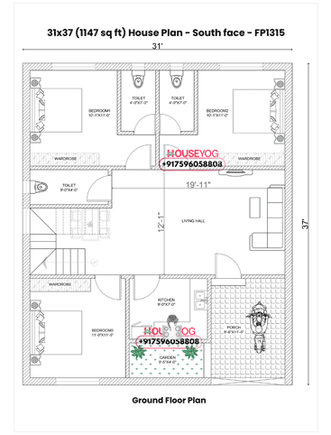 31x37 South Facing 3 BHK House Plan with Parking & Kitchen Garden (1147 Sq Ft)
