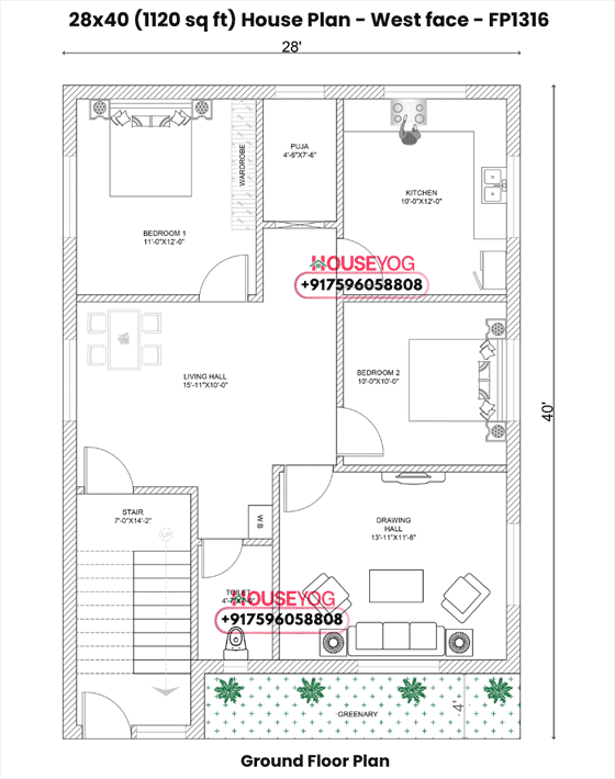 28x40 West Facing 3 BHK House Plan with Open Garden Space | 1120 Sq Ft Village Home Design