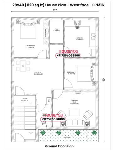 28x40 West Facing 3 BHK House Plan with Open Garden Space | 1120 Sq Ft Village Home Design