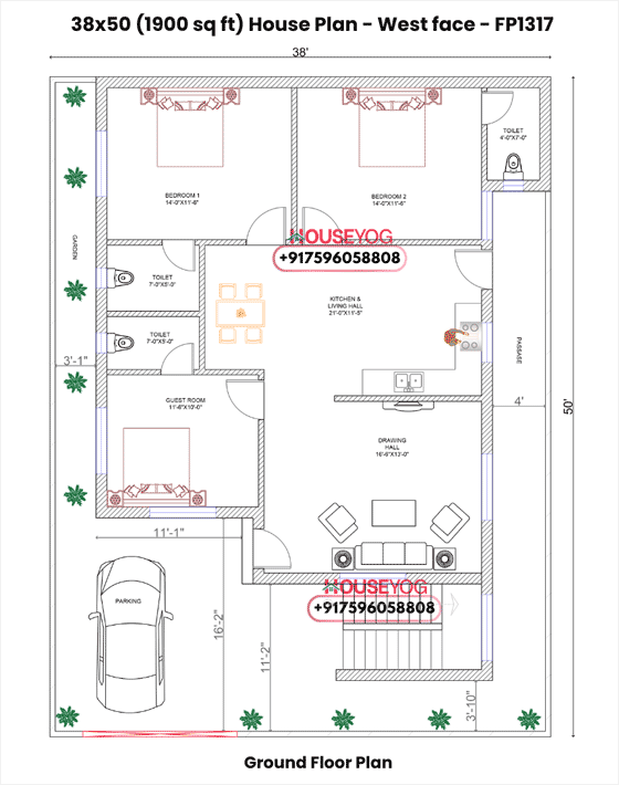 38x50 House Plan West Facing - Spacious 3 BHK Ground Floor Design with Parking & Open Space