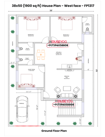 38x50 House Plan West Facing - Spacious 3 BHK Ground Floor Design with Parking & Open Space