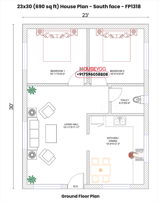 23x30 South Facing 2 BHK House Plan (690 Sq Ft) with Spacious Kitchen & Living Hall