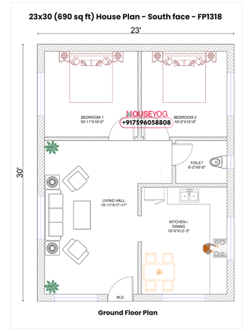 23x30 South Facing 2 BHK House Plan (690 Sq Ft) with Spacious Kitchen & Living Hall