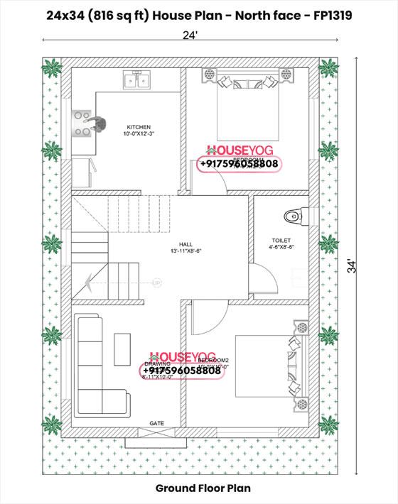 24x34 House Plan North Facing – 2 BHK Layout on 816 Sq Ft Plot