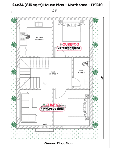 24x34 House Plan North Facing – 2 BHK Layout on 816 Sq Ft Plot