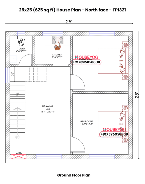 25x25 House Plan North Facing - Practical 2 BHK Layout on 625 Sq Ft Plot