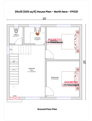 25x25 House Plan North Facing - Practical 2 BHK Layout on 625 Sq Ft Plot