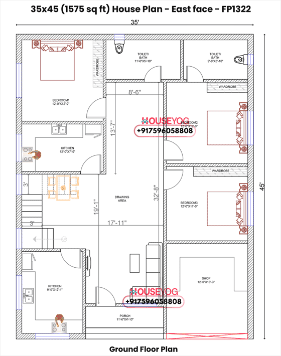 35x45 House Plan East Facing with Shop - 3 BHK Ground Floor Layout on 1575 Sq Ft Plot
