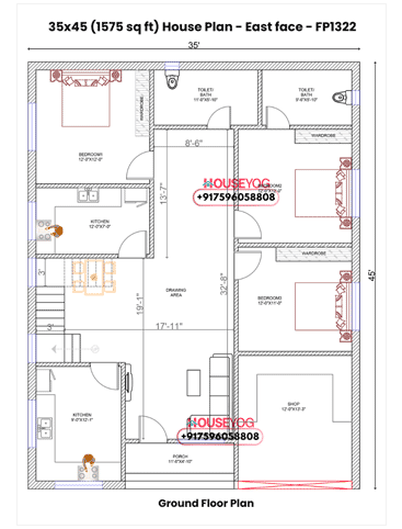 35x45 House Plan East Facing with Shop - 3 BHK Ground Floor Layout on 1575 Sq Ft Plot