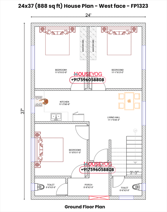 24x37 House Plan West Facing | 3 BHK Village Home on 888 Sq Ft Plot