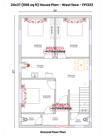 24x37 House Plan West Facing | 3 BHK Village Home on 888 Sq Ft Plot