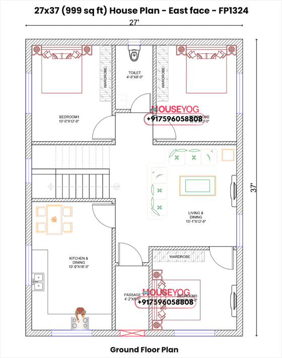 27x37 House Plan East Facing – 3 BHK with Large Kitchen