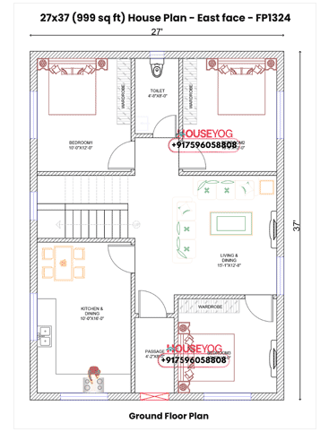 27x37 House Plan East Facing – 3 BHK with Large Kitchen