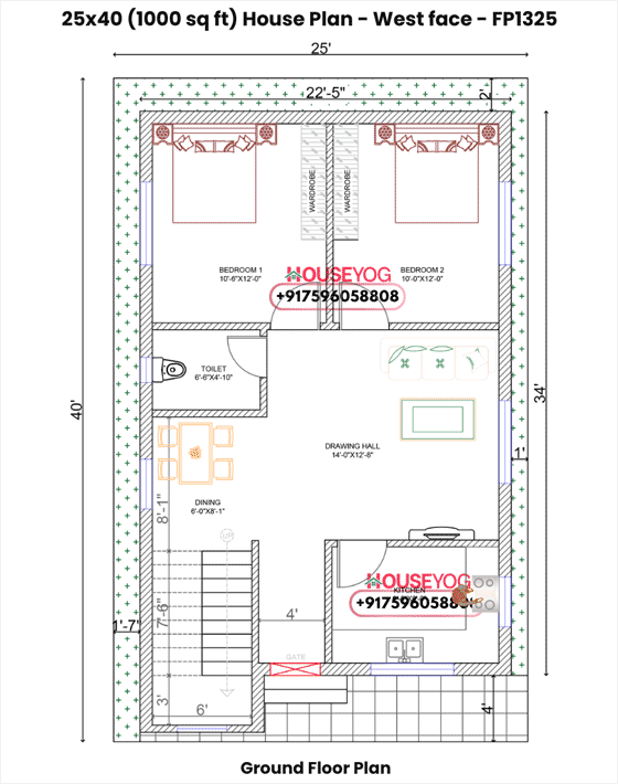 25x40 West Facing 2 BHK House Plan with Big Hall