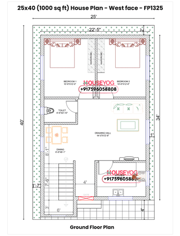 25x40 Single Floor 2 BHK West Facing Indian House Plan
