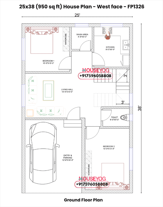25x38 West Facing 2 BHK House Plan with Car Parking