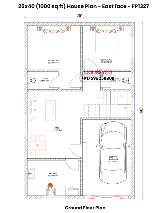 25x40 East Facing 2 BHK House Plan with Covered Parking