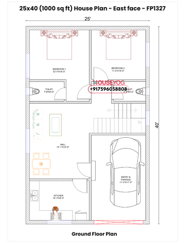25x40 East Facing 2 BHK House Plan with Covered Parking