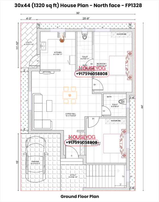30x44 North Facing 2 BHK House Plan (Ground Floor)