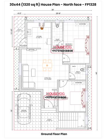 30x44 North Facing 2 BHK House Plan (Ground Floor)