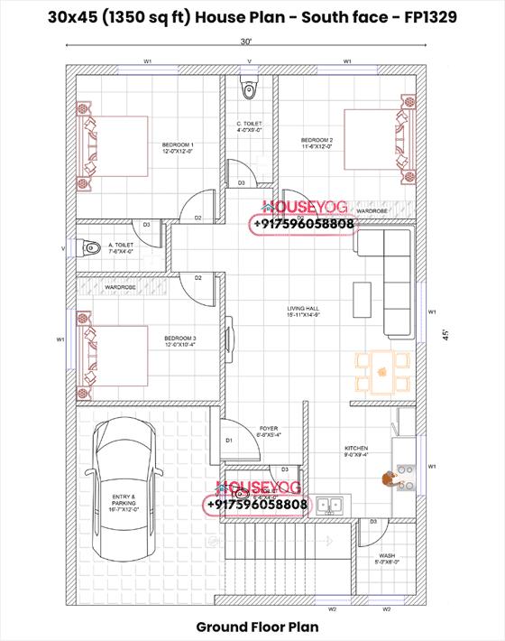 30x45 South Facing 3 BHK House Plan with Car Parking - 1350 Sq Ft