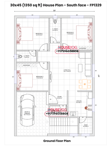 30x45 South Facing 3 BHK House Plan with Car Parking - 1350 Sq Ft