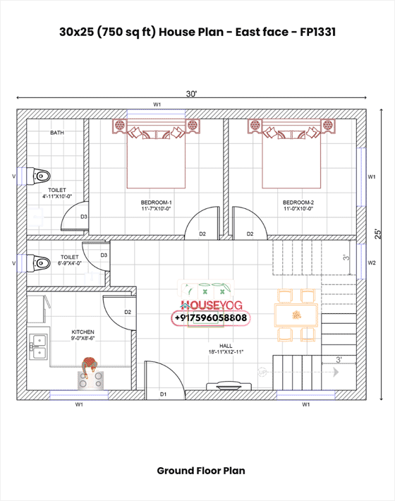 30x25 East Facing 2 BHK House Plan with Big Hall on 750 Sq Ft Plot