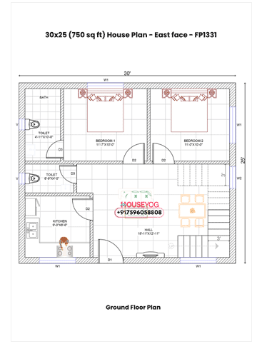 30x25 East Facing 2 BHK House Plan with Big Hall on 750 Sq Ft Plot
