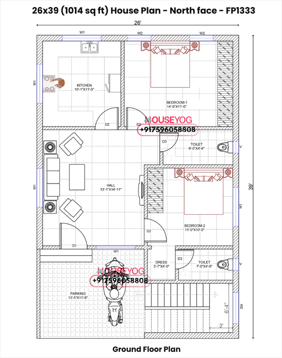 26x39 House Plan North Facing - 2 BHK with Parking