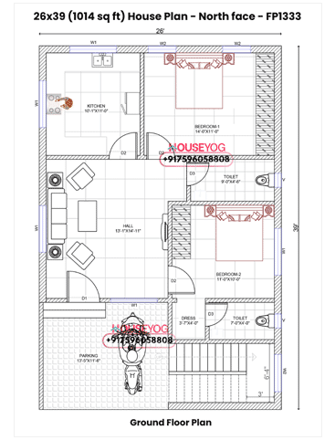 26x39 House Plan North Facing - 2 BHK with Parking