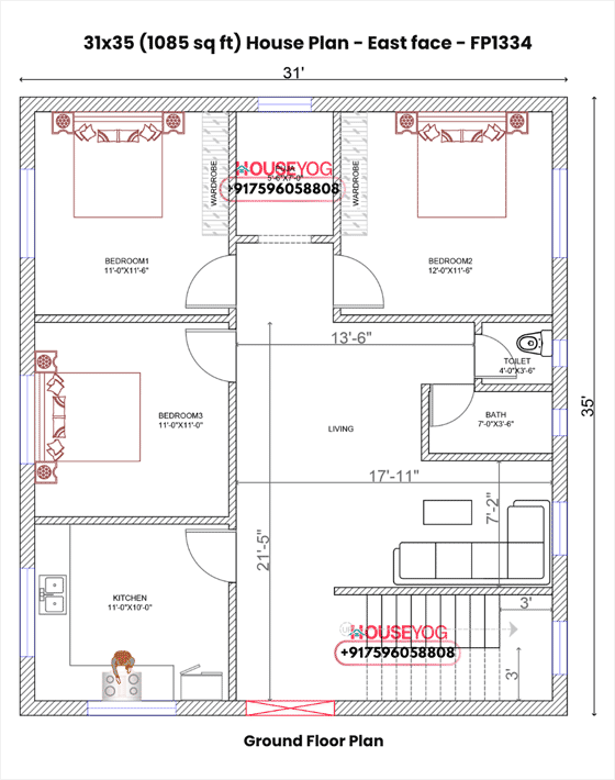 31x35 House Plan East Facing – 3 BHK Village Home Design