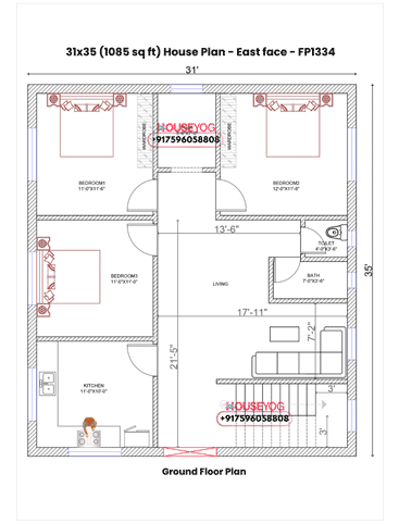 31x35 House Plan East Facing – 3 BHK Village Home Design