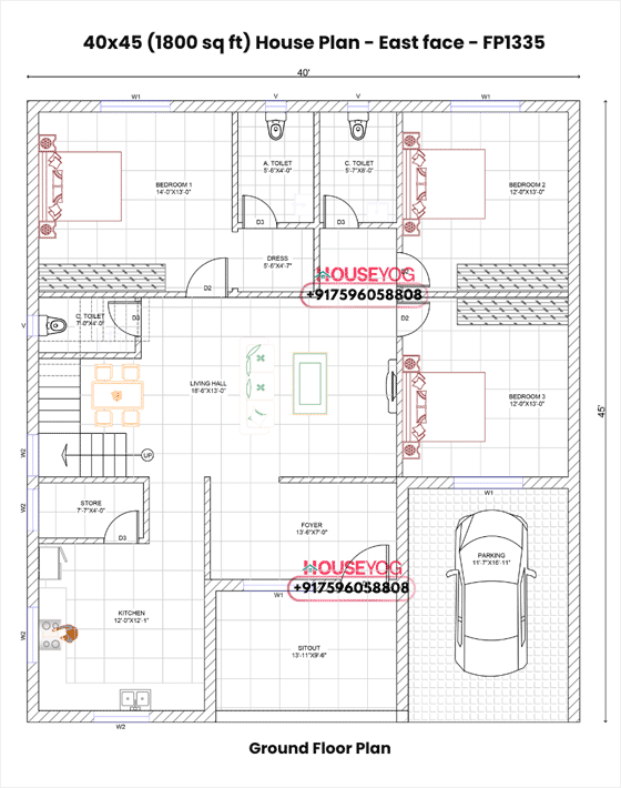 40x45 House Plan East Facing – Spacious 3 BHK (1800 sq ft)